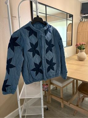 Quilted Floral-Appliqué Puffer Jacket in Slate Blue